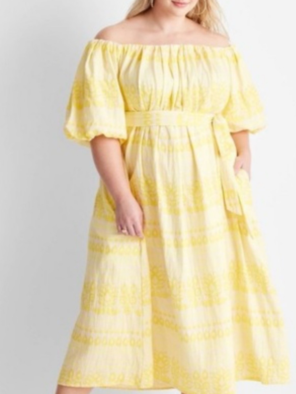 Yellow Off-Shoulder Midi Dress with Belt